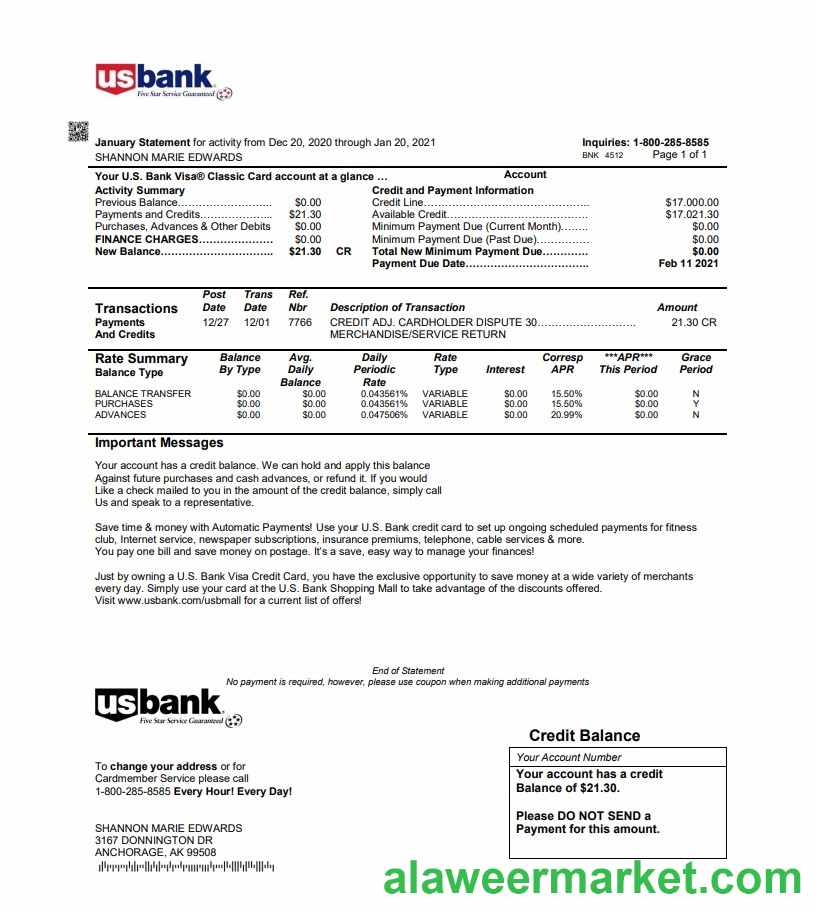 USA U.S. bank credit card statement template in Word and PDF format